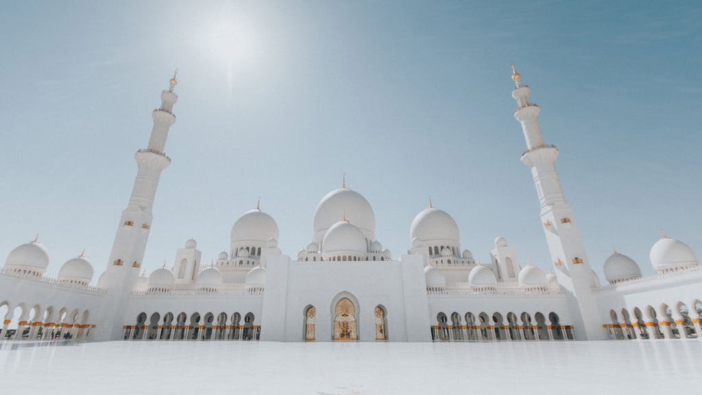 A stunning view of the Sheikh Zayed Grand Mosque with its iconic domes and minarets in Abu Dhabi, UAE.